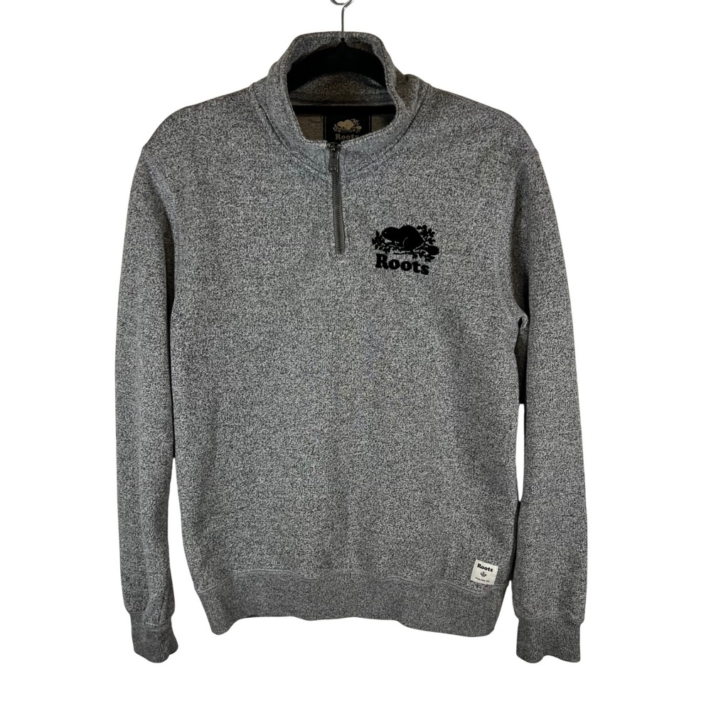 Roots Mens Salt and Pepper Quarter Zip Sweatshirt Grey Marl Beaver Logo Small